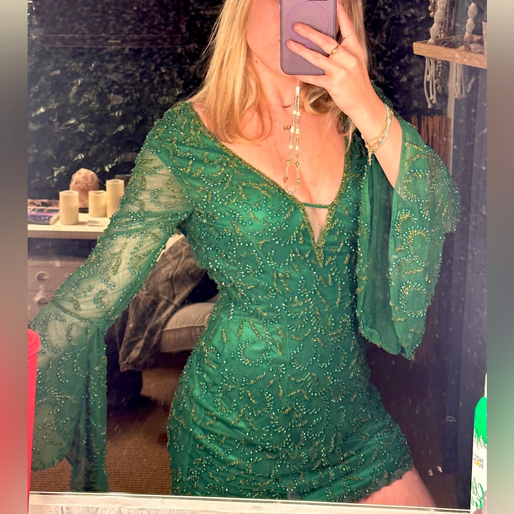 Primavera Couture Green Beaded Boho Homecoming Dress
